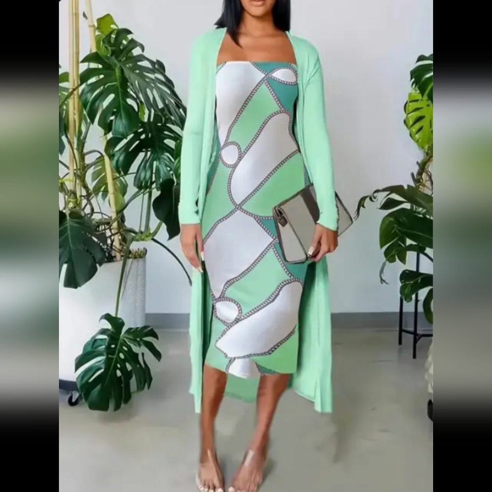 Mint Green Patterned Dress with Cardigan